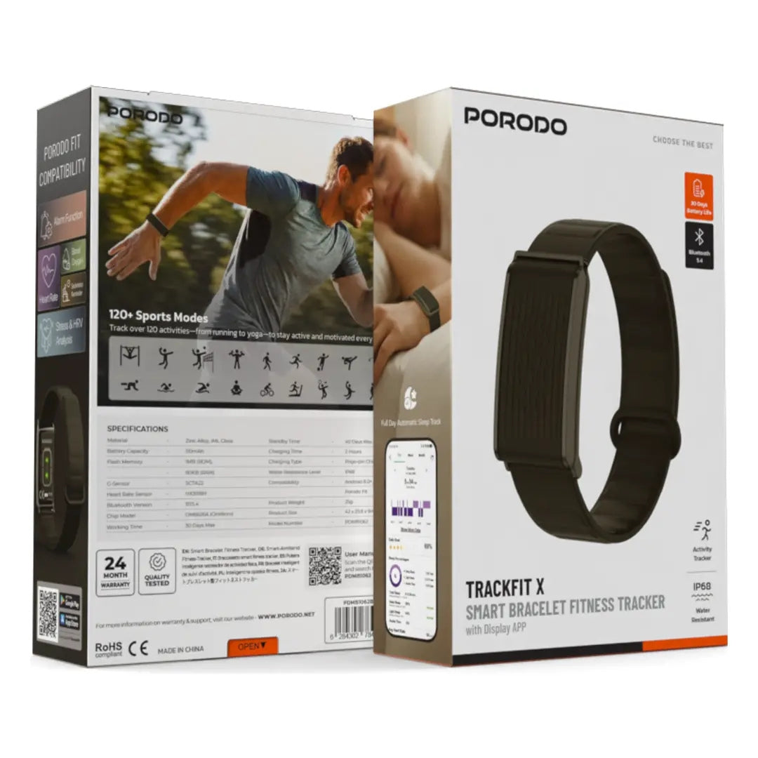 Porodo Trackfit X Smart Bracelet Fitness Tracker with 120+ Sports Modes, IP68 & 30-Day Battery Life