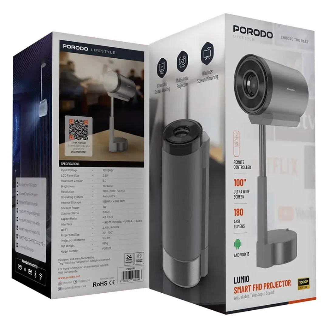 Porodo Lifestyle Lumio Smart Full HD Projector with Telescopic Stand – Gray