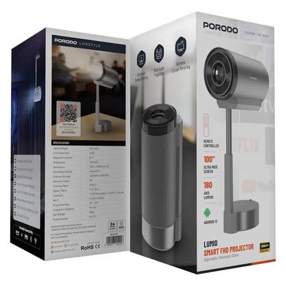 Porodo Lifestyle Lumio Smart Full HD Projector with Telescopic Stand – Gray