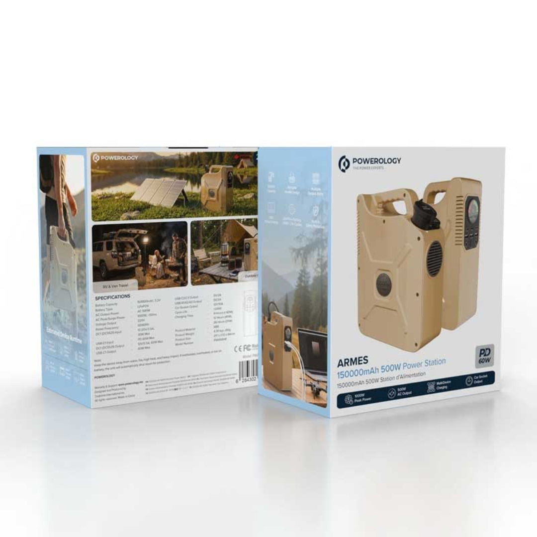 Powerology ARMES 150000mAh 500Wh Portable Power Station with 500W AC Output & 60W PD (Desert Tan & Green)