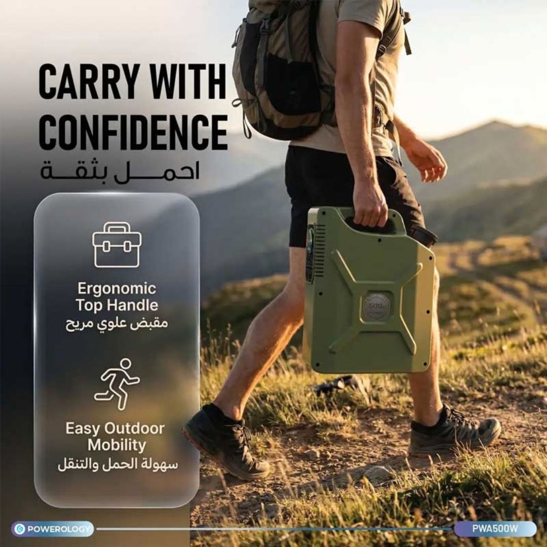Powerology ARMES 150000mAh 500Wh Portable Power Station with 500W AC Output & 60W PD (Desert Tan & Green)
