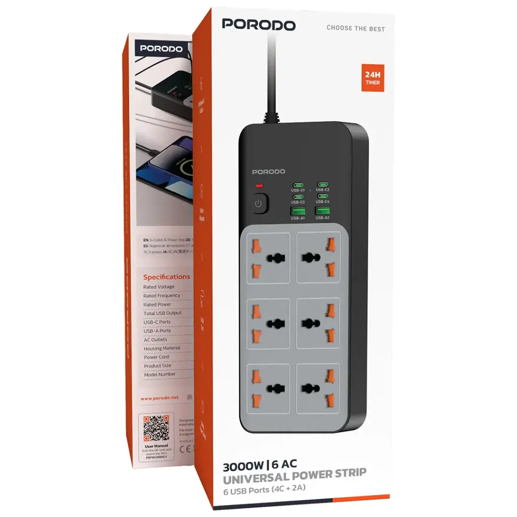 Porodo 3000W 6AC Universal Power Strip with 6 USB Ports (4C + 2A) | Gray