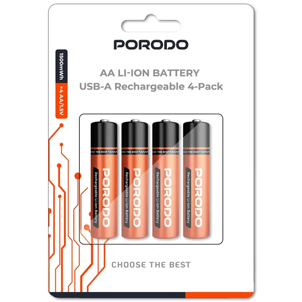 Porodo AA Li-Ion USB-A Rechargeable Battery 4 Pack Orange