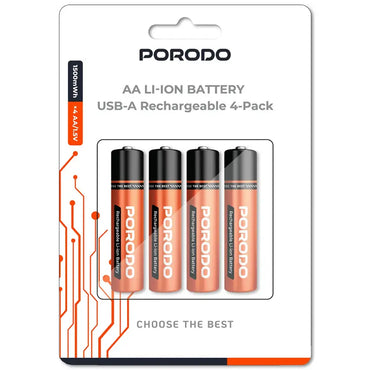 Porodo AA Li-Ion USB-A Rechargeable Battery 4 Pack Orange