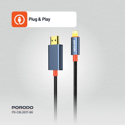 Porodo Woven Cable Lightning to HDMI 2M - Black