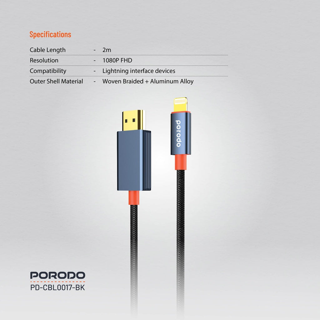 Porodo Woven Cable Lightning to HDMI 2M - Black