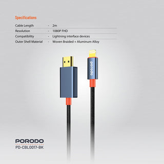 Porodo Woven Cable Lightning to HDMI 2M - Black
