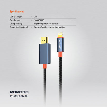 Porodo Woven Cable Lightning to HDMI 2M - Black