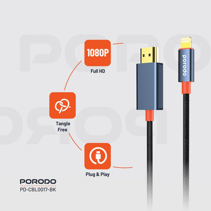 Porodo Woven Cable Lightning to HDMI 2M - Black