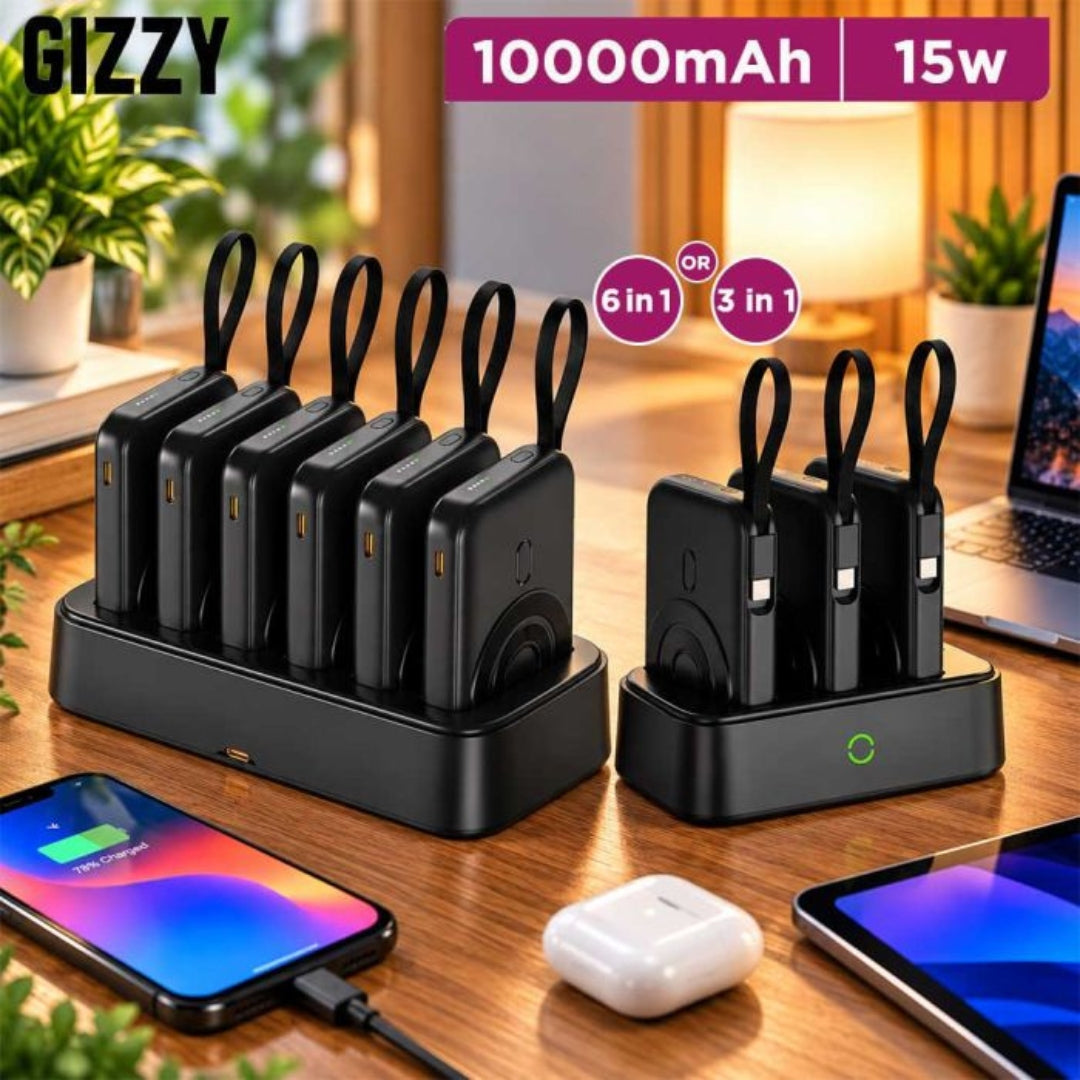 GIZZY 6-in-1 / 3-in-1 Magnetic Charging Station with 10000mAh Power Banks & 15W Wireless Charging – Black