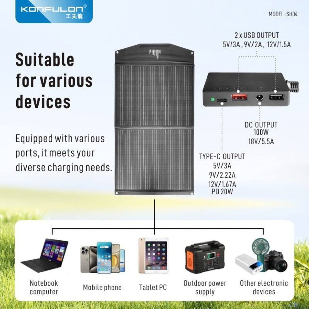Konfulon SH04 100W Foldable Waterproof Solar Panel with USB, 20W PD Type-C & DC Output – Black