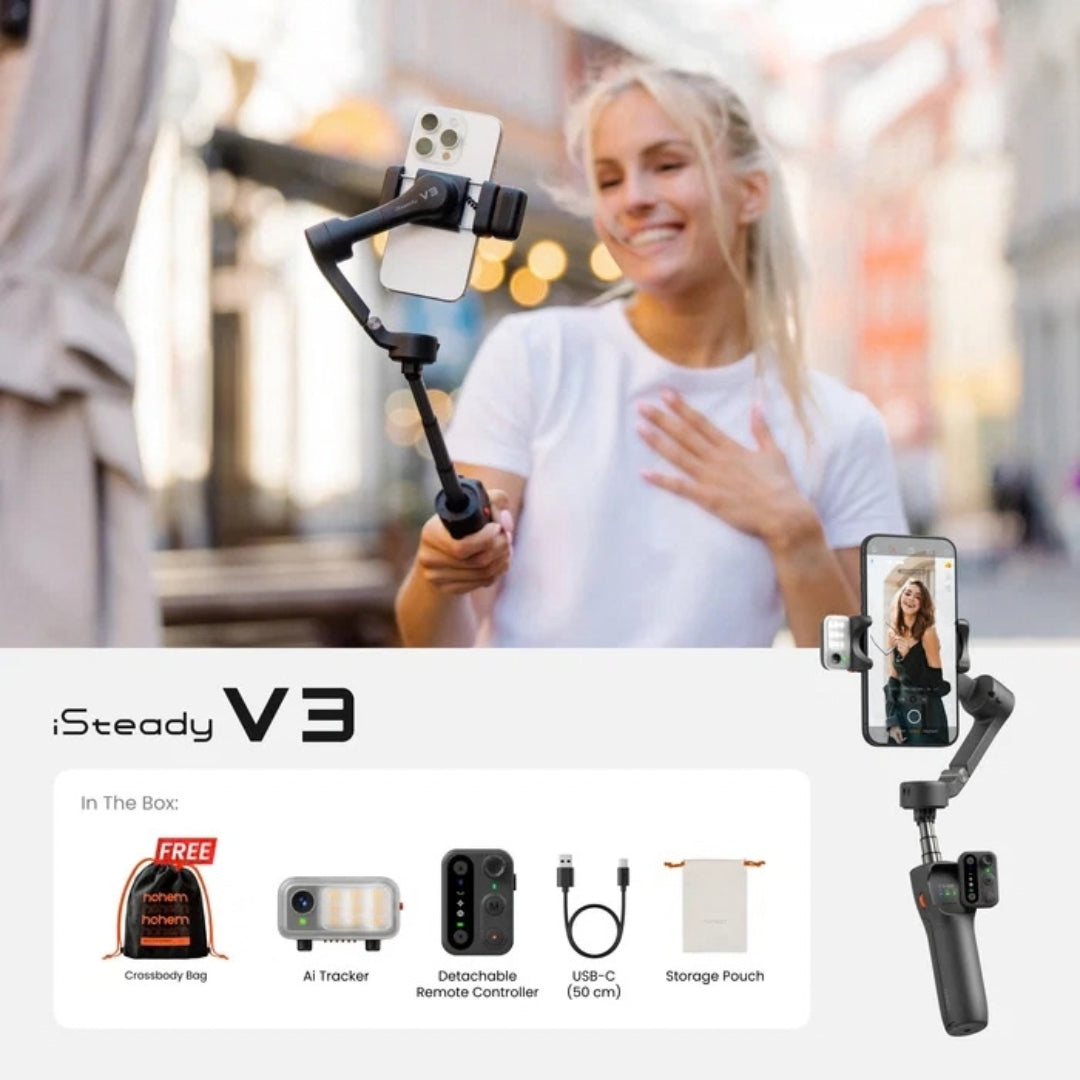 Hohem iSteady V3 3-Axis Smartphone Gimbal with Magnetic AI Tracker, Fill Light & Extension Rod