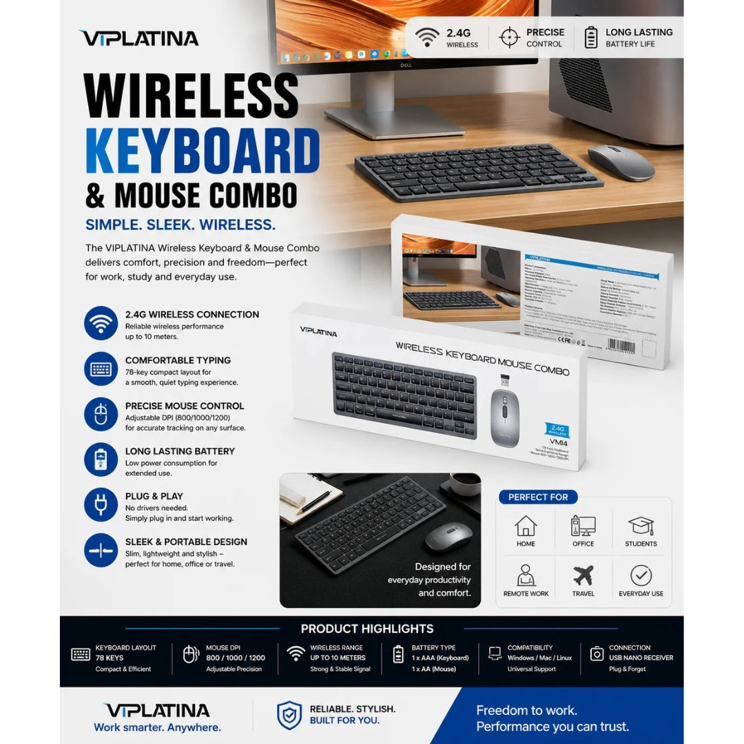 VIPLATINA VM14 Wireless Keyboard & Mouse Combo – 2.4G Plug & Play