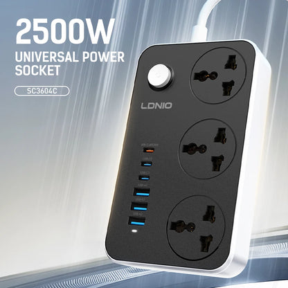 LDNIO SC3604C Power Strip — 3 AC Outlets + 6 USB Ports