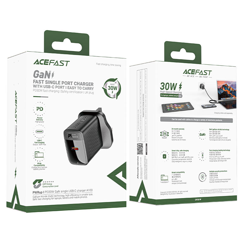 شاحن حائط سريع الشحن من Acefast A103 GaN - 30 واط PD، 1 × USB-C (قابس المملكة المتحدة) 