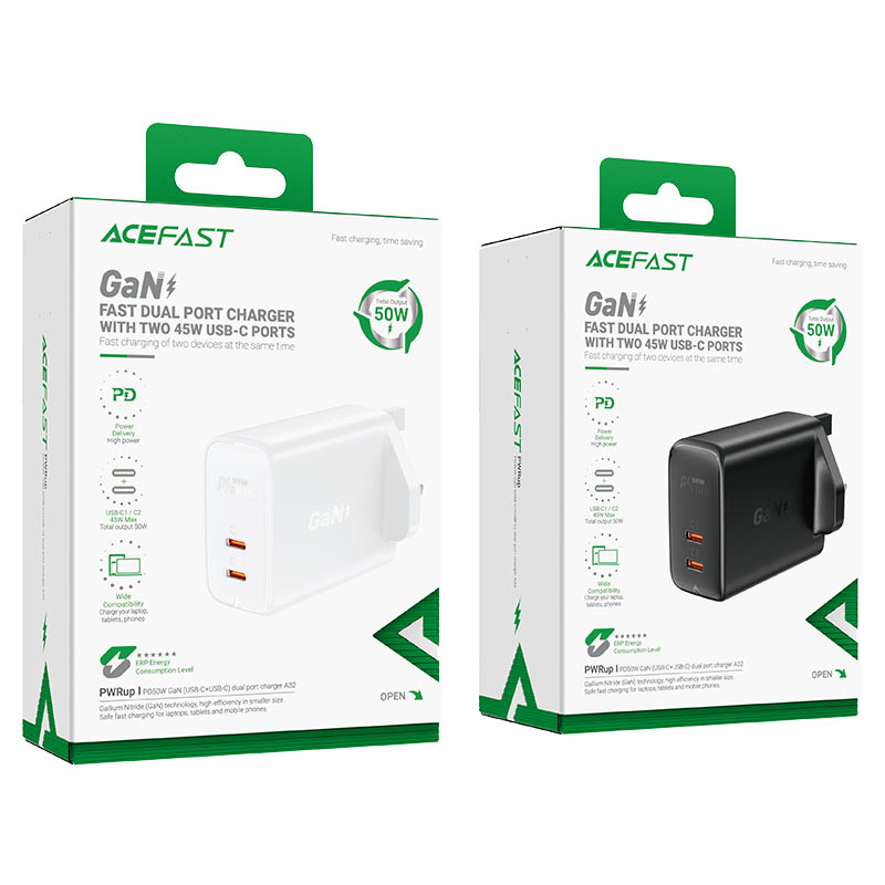 Acefast A32 GaN 50W Fast Charger – Dual USB-C | UK Plug