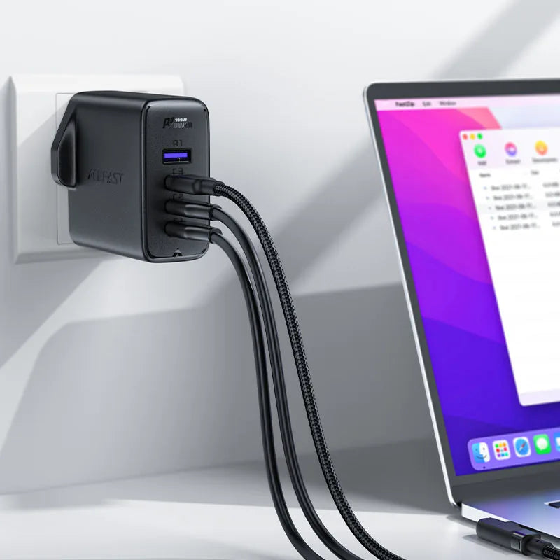 Acefast A40 GaN 100W Fast Charger – UK Plug + 4 Ports & Cable