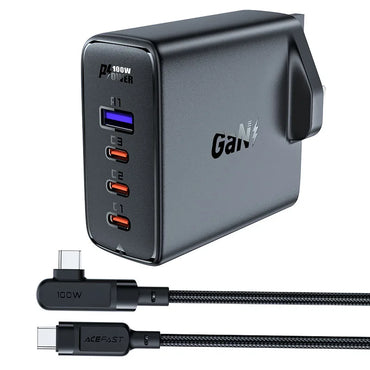 Acefast A40 GaN 100W Fast Charger – UK Plug + 4 Ports & Cable