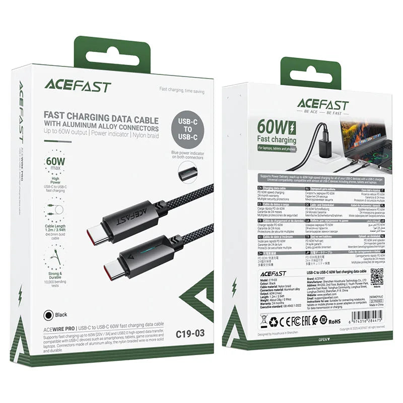 Acefast C19-03 USB-C to USB-C Charging & Data Cable – 60W, 1.2m