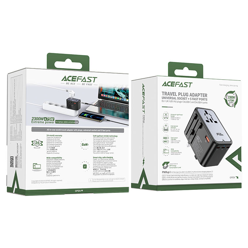محول شحن Acefast Z1 GaN - 2300 واط + 75 واط PD (3 × USB-C + 2 × USB-A) 