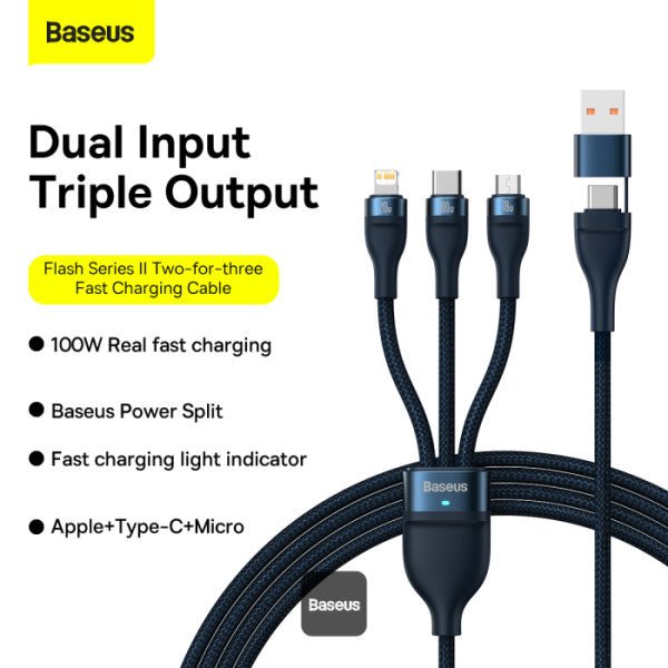 Baseus CASS03103 Flash Series II 100W Fast Charging Multi Cable 3 in 2 Cable 1.2M - Saif Al Najmi KwData CablesBaseusSaif Al Najmi KwBlackBaseus CASS03103 Flash Series II 100W Fast Charging Multi Cable 3 in 2 Cable 1.2M - Saif Al Najmi Kw