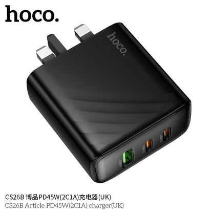 Hoco CS26B PD45W 3-Port Wall Charger (UK Plug) – 2x USB-C + 1x USB-A