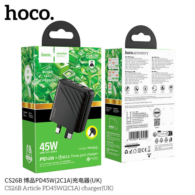 Hoco CS26B PD45W 3-Port Wall Charger (UK Plug) – 2x USB-C + 1x USB-A