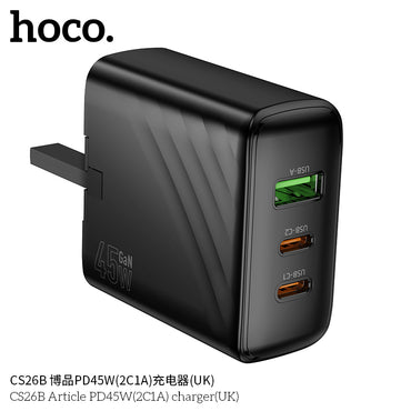 Hoco CS26B PD45W 3-Port Wall Charger (UK Plug) – 2x USB-C + 1x USB-A