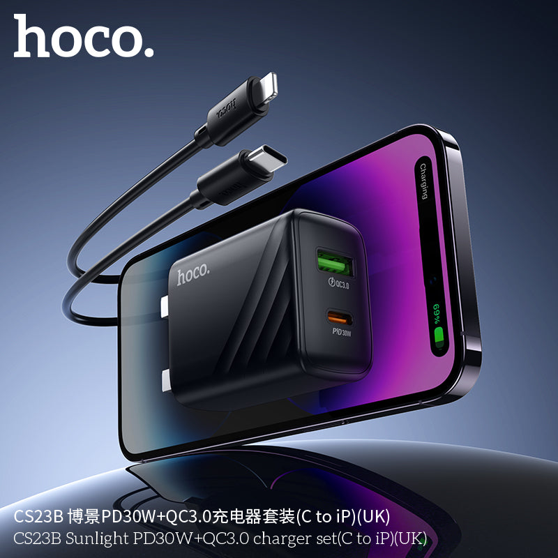 Hoco C150B Sunlight PD30W + QC3.0 Charger – USB-C to Lightning, UK Plug