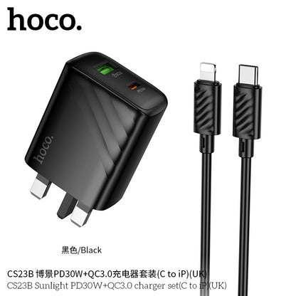 Hoco C150B Sunlight PD30W + QC3.0 Charger – USB-C to Lightning, UK Plug
