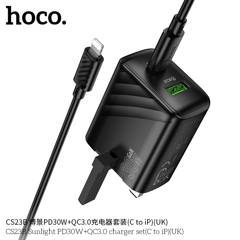 Hoco C150B Sunlight PD30W + QC3.0 Charger – USB-C to Lightning, UK Plug