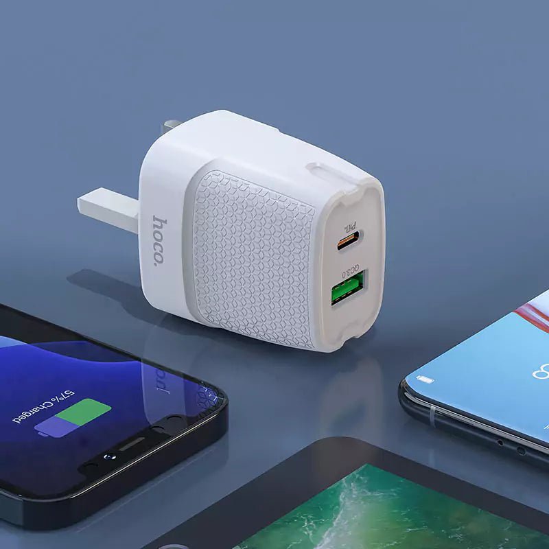 C85B Bright dual port PD20W+QC3.0 charger(UK) - White - Saif Al Najmi KwChargersHocoSaif Al Najmi KwHOCO C85B129675C85B Bright dual port PD20W+QC3.0 charger(UK) - White - Saif Al Najmi Kw
