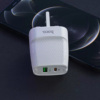 C85B Bright dual port PD20W+QC3.0 charger(UK) - White - Saif Al Najmi KwChargersHocoSaif Al Najmi KwHOCO C85B129675C85B Bright dual port PD20W+QC3.0 charger(UK) - White - Saif Al Najmi Kw