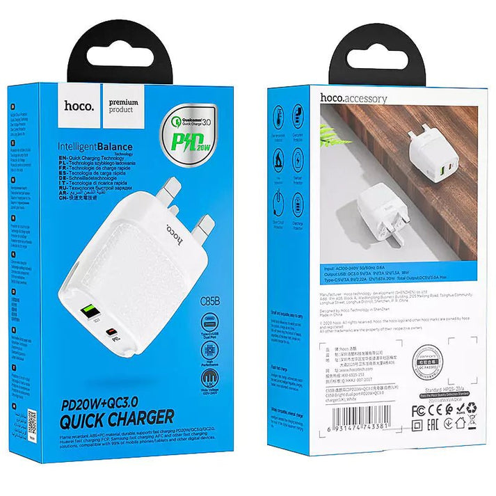 C85B Bright dual port PD20W+QC3.0 charger(UK) - White - Saif Al Najmi KwChargersHocoSaif Al Najmi KwHOCO C85B129675C85B Bright dual port PD20W+QC3.0 charger(UK) - White - Saif Al Najmi Kw