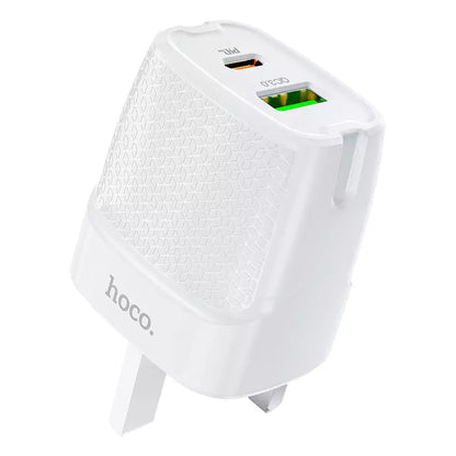 C85B Bright dual port PD20W+QC3.0 charger(UK) - White - Saif Al Najmi KwChargersHocoSaif Al Najmi KwHOCO C85B129675C85B Bright dual port PD20W+QC3.0 charger(UK) - White - Saif Al Najmi Kw