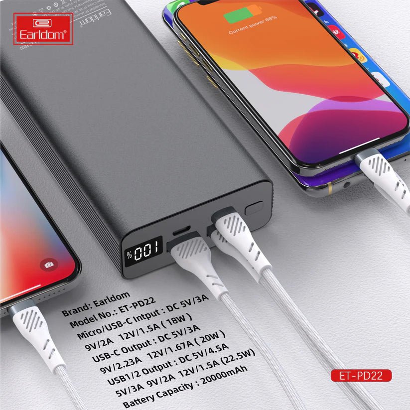EARLDOM PD22 20000mAh 20W Power Bank - Black - High Capacity & Fast Charging - Saif Al Najmi KwPower BanksEarldomSaif Al Najmi KwEARLDOM PD22 20000mAh 20W Power Bank - Black - High Capacity & Fast Charging - Saif Al Najmi Kw