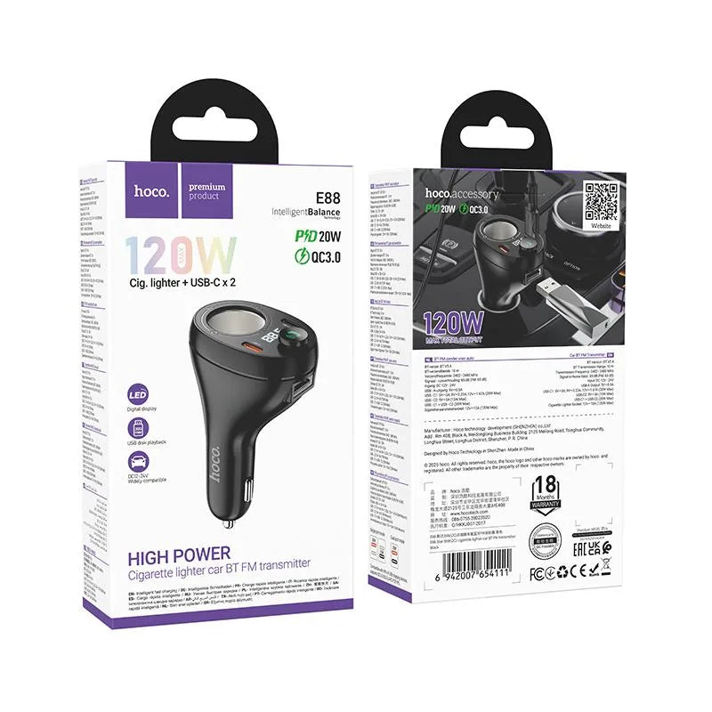 Hoco E88 Star 35W Dual USB-C Cigarette Lighter Car BT FM Transmitter