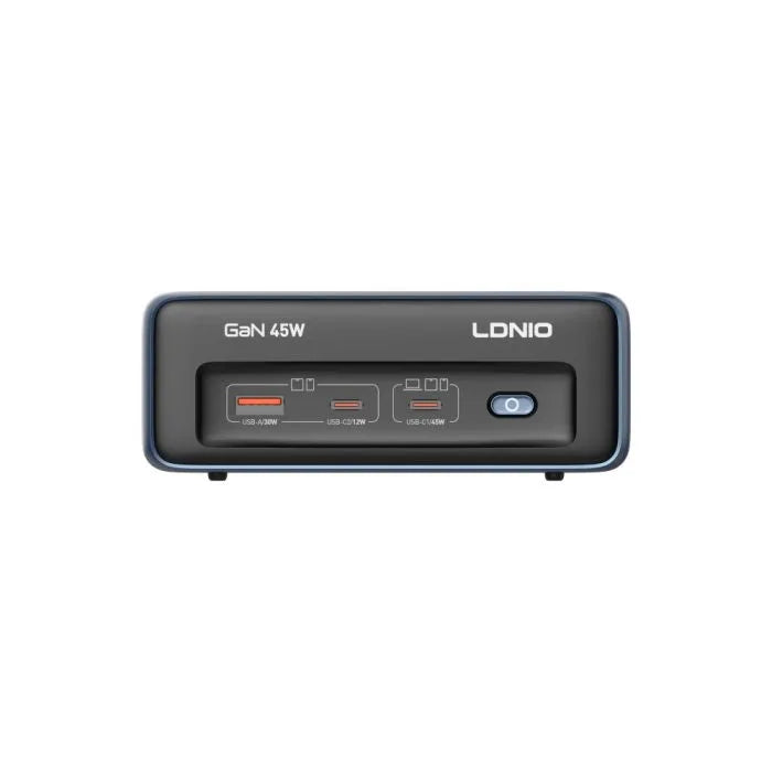 LDNIO 45W GaN Power Strip – 2 Outlets + 3 USB Ports