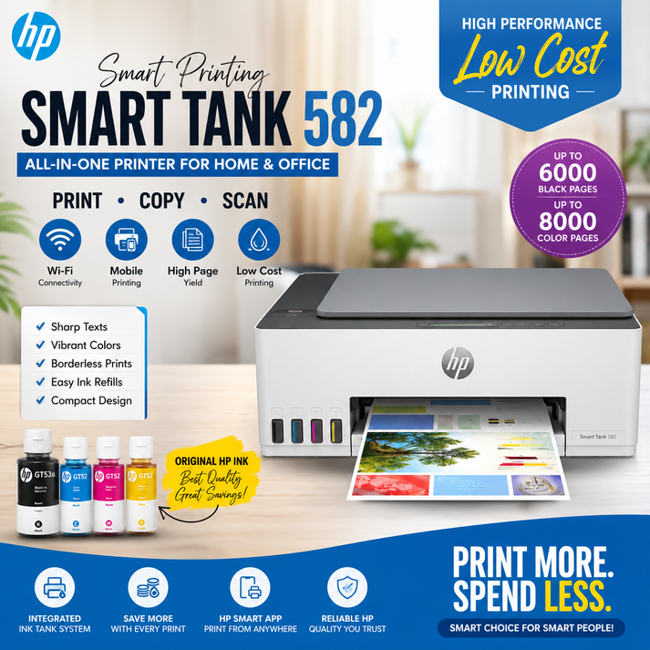 HP Smart Tank 582 AIO – 12ppm 4800dpi Color Inkjet Printer