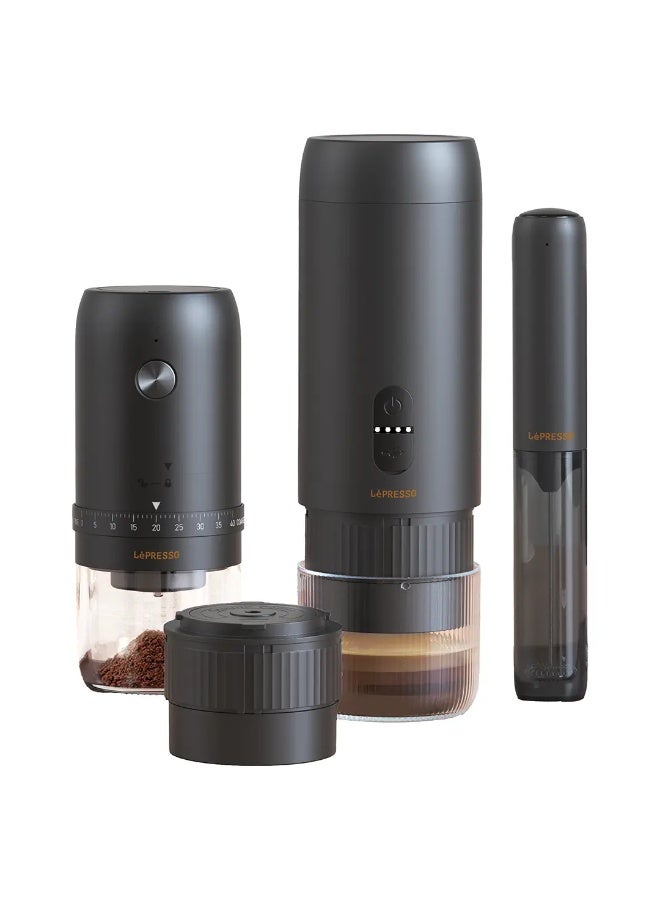 Lepresso Brewology Coffee Kit (Espresso Maker, Rechargeable Grinder & Milk Frother) - Black