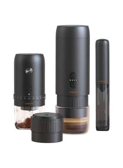 Lepresso Brewology Coffee Kit (Espresso Maker, Rechargeable Grinder & Milk Frother) - Black