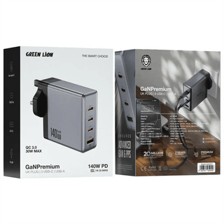 Green Lion GaN Premium 140W UK Plug Wall Charger - Gray - Saif Al Najmi KwWall ChargerGreen LionSaif Al Najmi KwGreen Lion GaN Premium 140W UK Plug Wall Charger - Gray