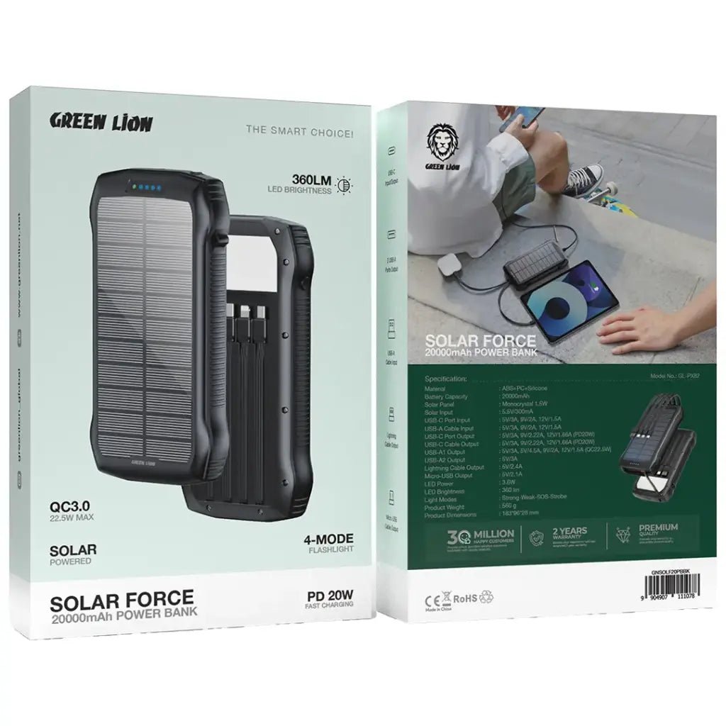 Green Lion Solar Force 20000mAh Power Bank - Black - Saif Al Najmi KwPower BanksGreen LionSaif Al Najmi KwGreen Lion Solar Force 20000mAh Power Bank - Black