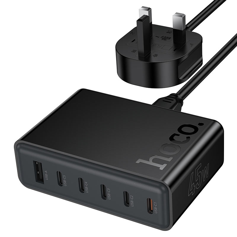 Hoco C150B Modern Charging Station – 45W PD Fast Charger with USB-C + USB-A Ports (UK Plug)