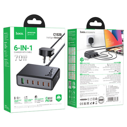 Hoco C152B Modern Charging Station – 70W PD Fast Charge Hub with USB-C & Dual USB-A (UK Plug)