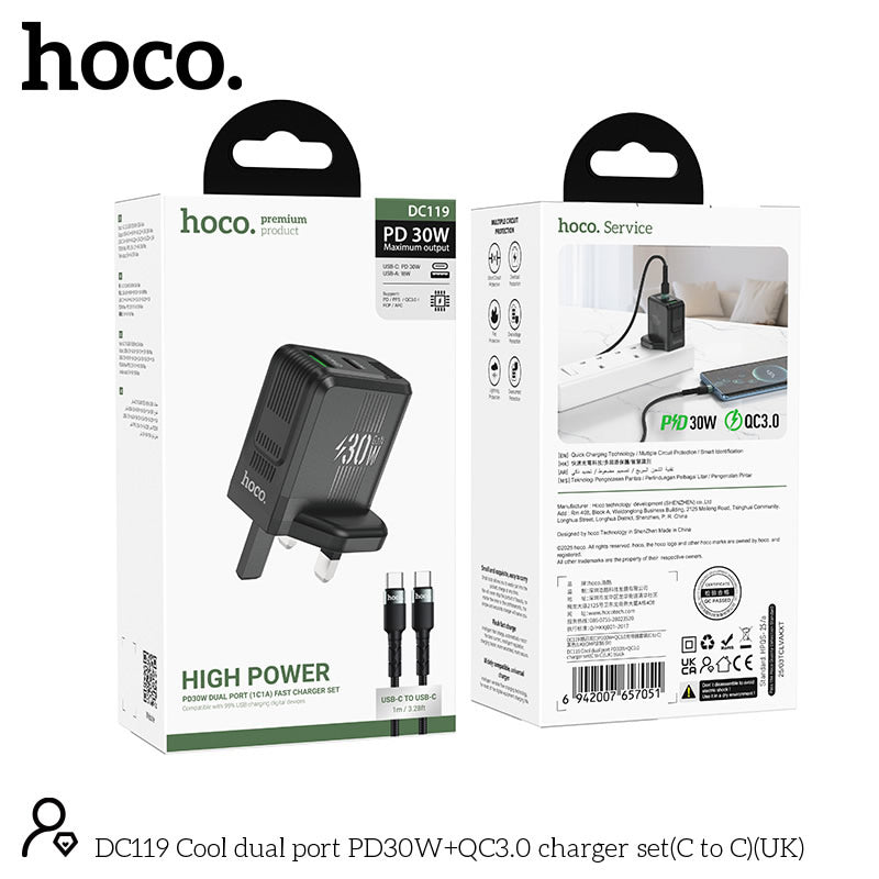 Hoco DC119 Dual Port PD30W + QC3.0 Fast Charger Set (C to C) – UK Plug - Saif Al Najmi KwChargersHocoSaif Al Najmi KwHoco DC119 Dual Port PD30W + QC3.0 Fast Charger Set (C to C) – UK Plug
