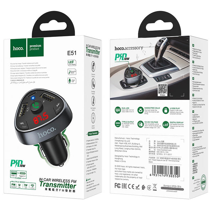 Hoco E51 Car Charger With BT FM Transmitter Type-C 18W - Saif Al Najmi Kw