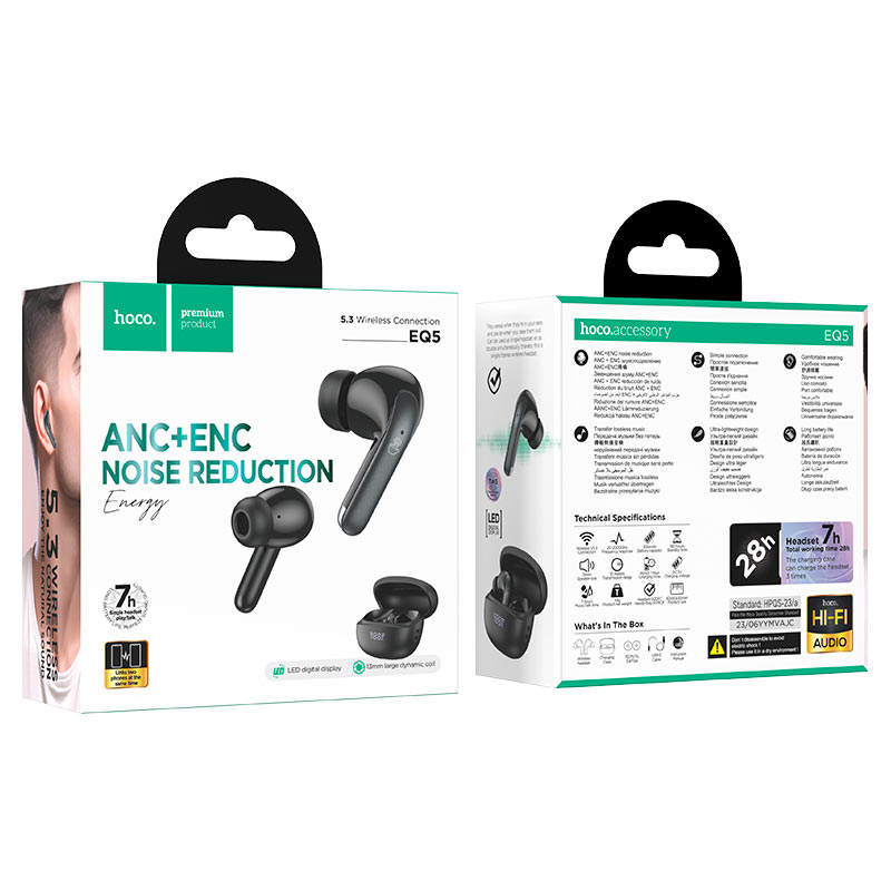 Hoco EQ5 Energy true wireless ANC+ENC noise reduction BT headset - blacK - Saif Al Najmi Kw