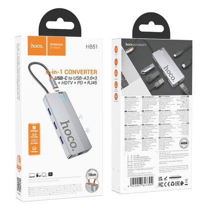 Hoco HB51 6 - in - 1 Type - C Multiport Converter – HDMI, RJ45, PD & 3x USB 3.0 Hub - Saif Al Najmi KwUSB HubHocoSaif Al Najmi KwHoco HB51 6 - in - 1 Type - C Multiport Converter – HDMI, RJ45, PD & 3x USB 3.0 Hub - Saif Al Najmi Kw
