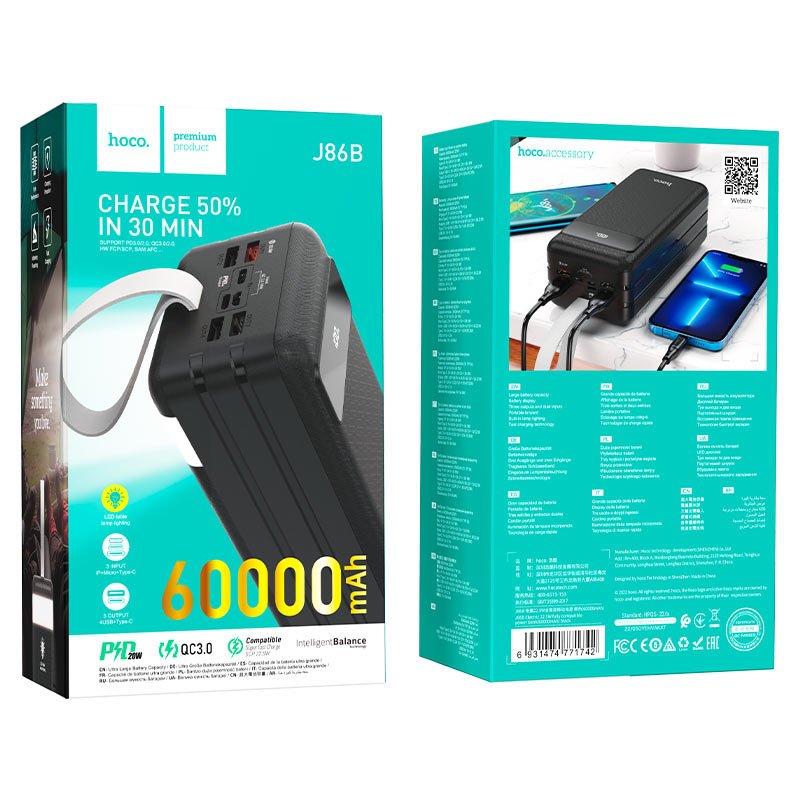 Hoco J86B 60000mAh Power Bank – 22.5W Fast Charging - Saif Al Najmi KwPOWER STATIONHocoSaif Al Najmi Kwj86b-blackBlackHoco J86B 60000mAh Power Bank – 22.5W Fast Charging